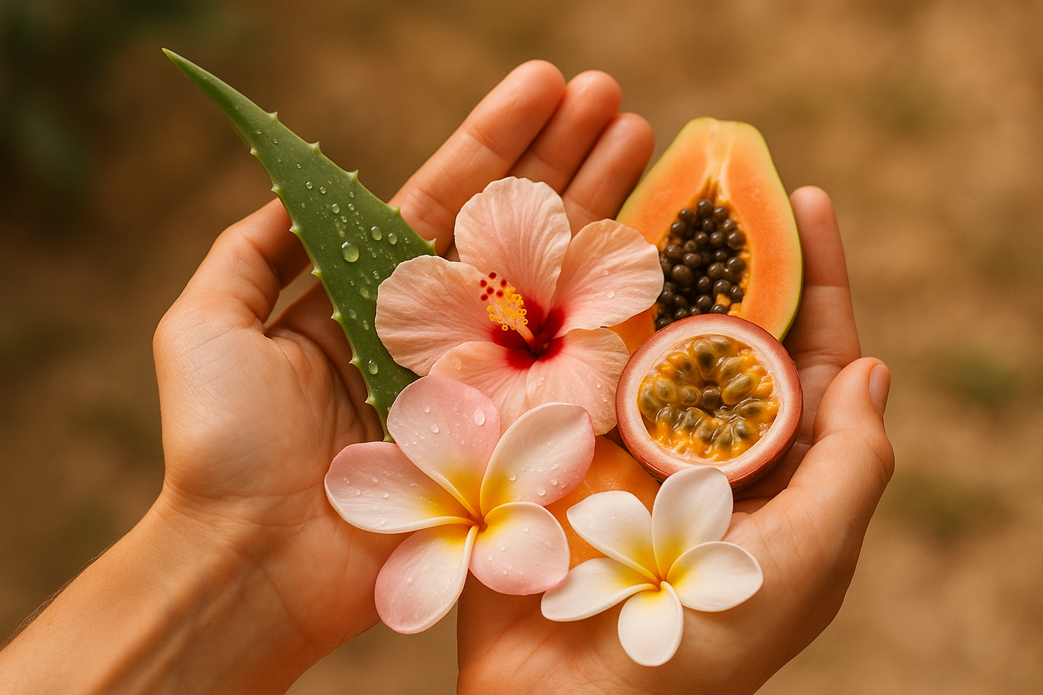 Hands gently holding natural ingredients: like aloe leaves, tropical fruits, or flower petals — to show craftsmanship and connection to nature.